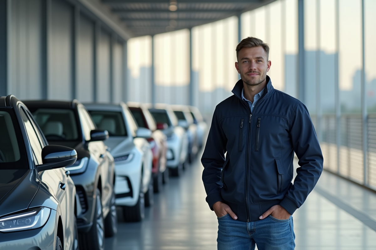 Ingénieur automobile dans un parking de voitures neuves