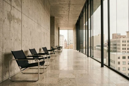Couloir architectural en béton brut de style Bauhaus avec mobilier tubulaire en acier, inspiré de l'œuvre de Marcel Breuer