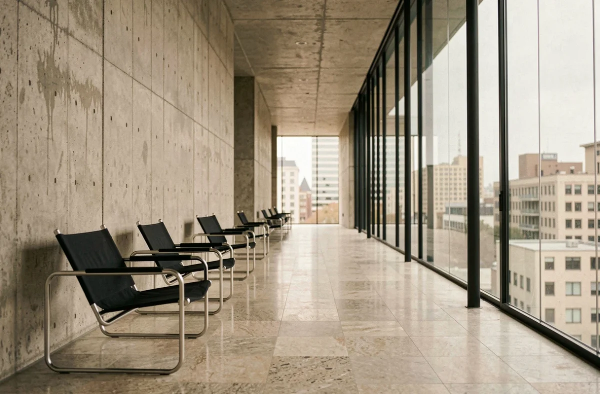 Couloir architectural en béton brut de style Bauhaus avec mobilier tubulaire en acier, inspiré de l'œuvre de Marcel Breuer