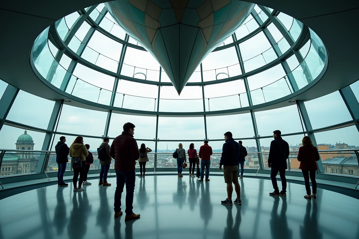 Touristes visitant la coupole en verre du Reichstag à Berlin avec vue panoramique sur la ville