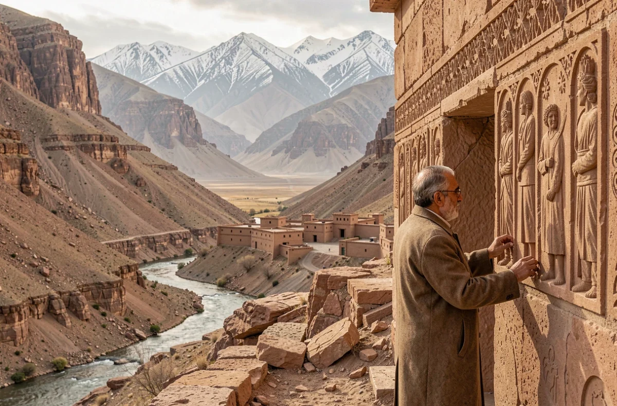 Homme iranien examinant des reliefs sculptés sur une caravansérail en ruine sur le plateau iranien avec des montagnes enneigées en arrière-plan