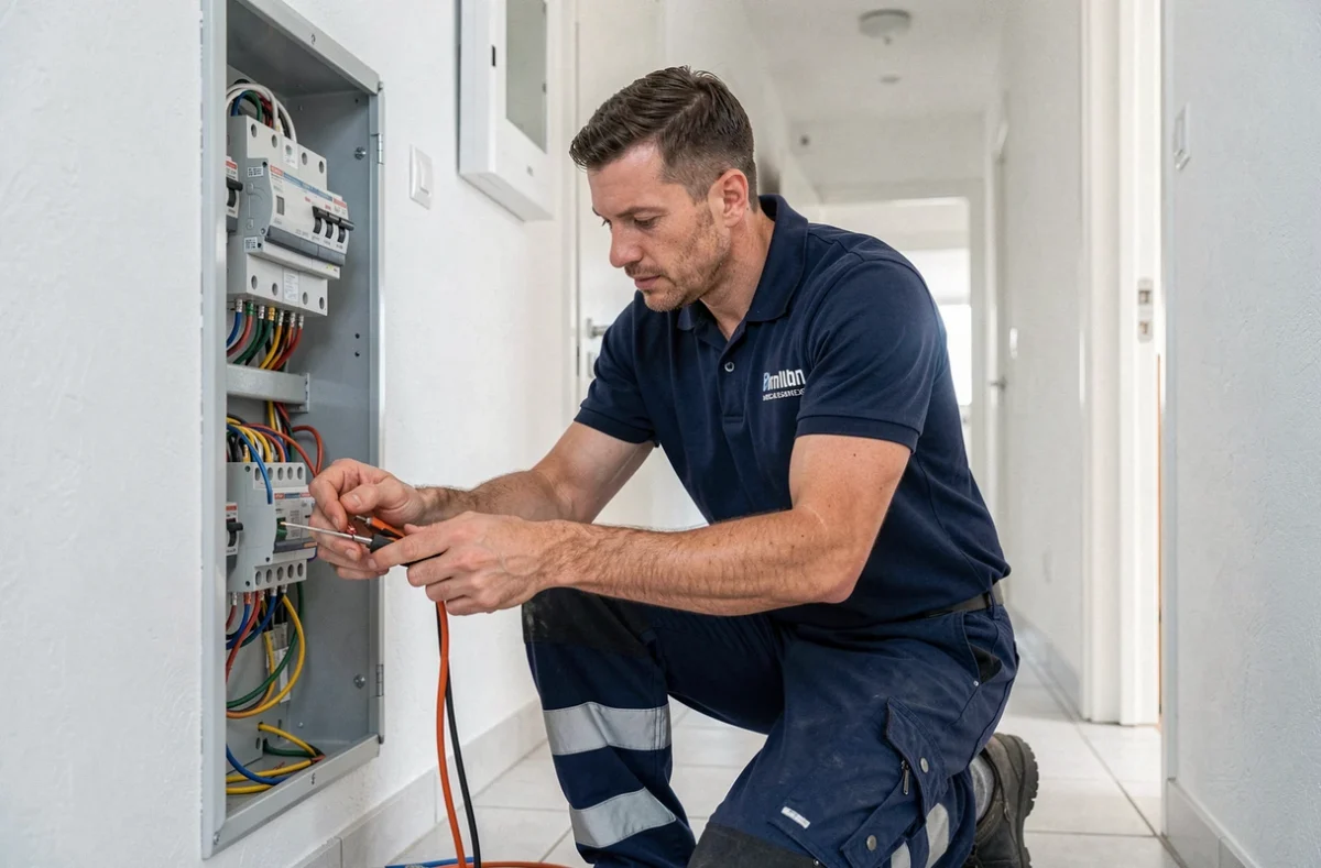 Électricien JD Elec intervenant sur un tableau électrique dans un appartement résidentiel à Troyes