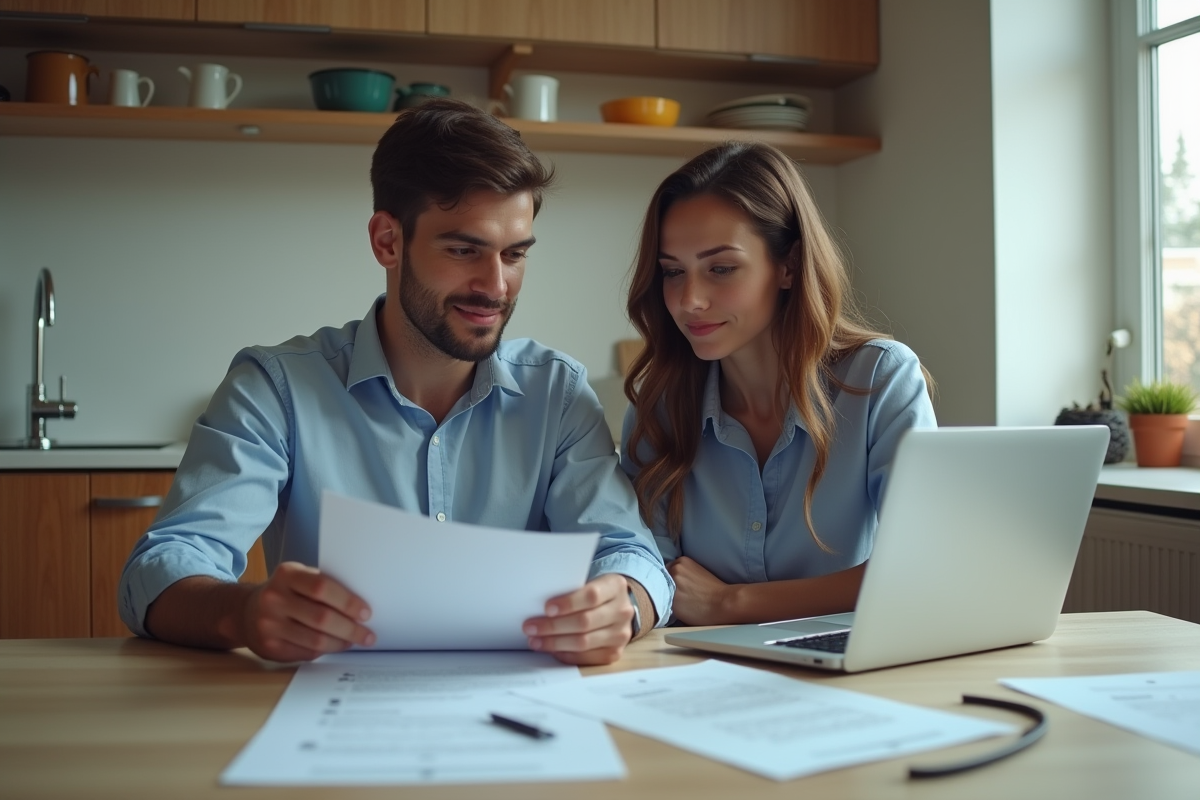 Jeune couple étudiant des documents dans leur appartement