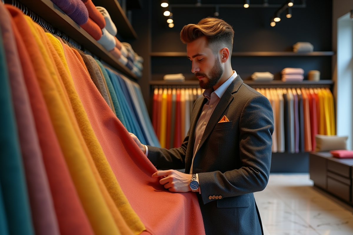 Jeune créateur de mode examinant des tissus colorés