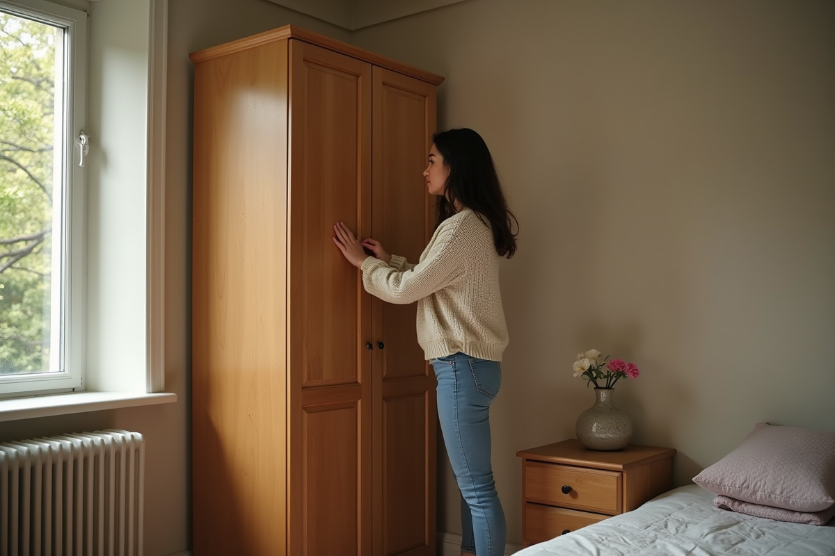 Jeune femme ferme doucement un placard dans une chambre lumineuse