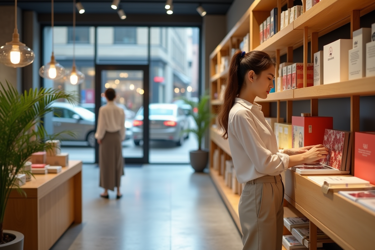 Jeune femme arrangeant des produits dans une boutique moderne