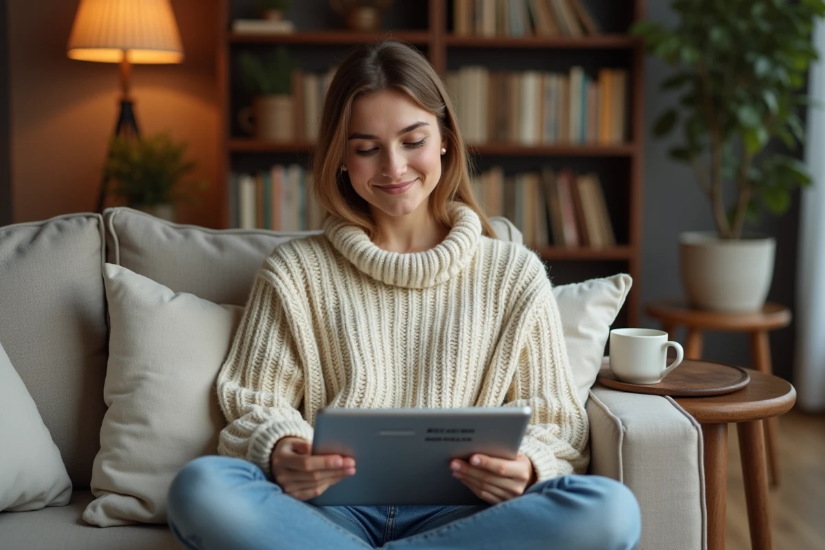 Jeune femme calculant un écart entre deux dates sur une tablette depuis son salon confortable