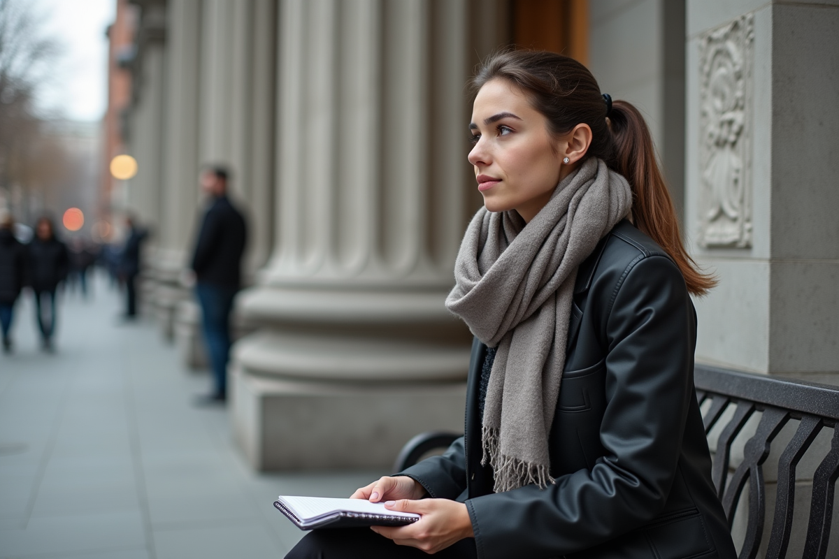 Jeune femme assise devant un tribunal avec carnet en main