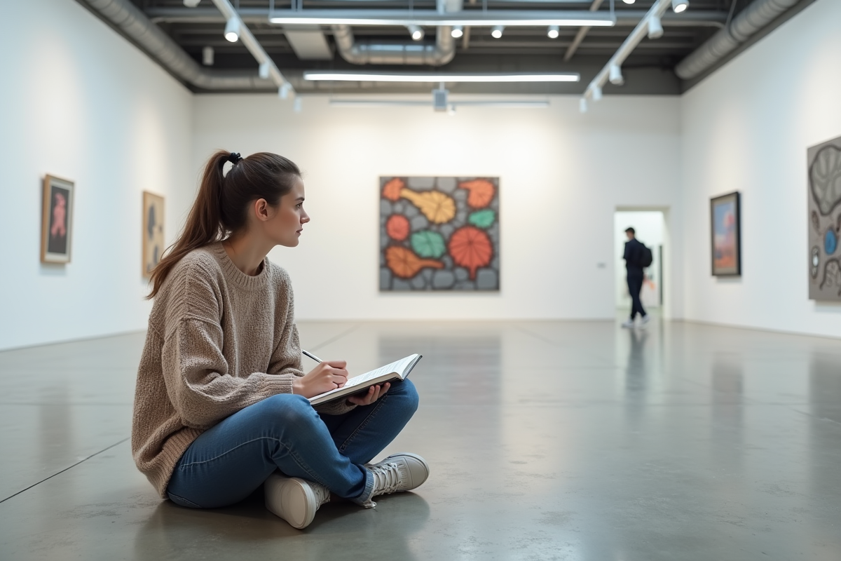 Jeune femme en jeans et pull dessinant dans une galerie moderne