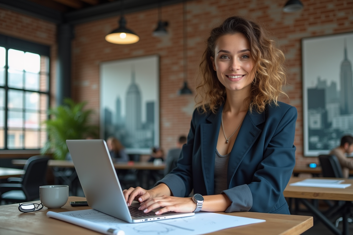Jeune femme entrepreneure dans espace coworking