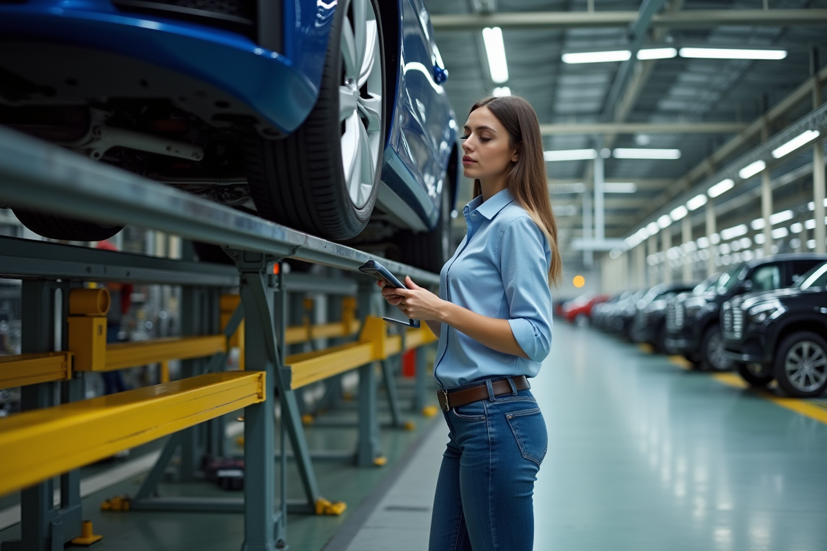 Jeune ingénieure automobile inspectant une voiture en usine