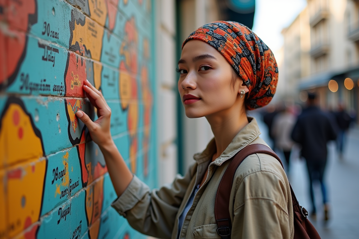 Jeune femme devant une fresque murale culturelle urbaine