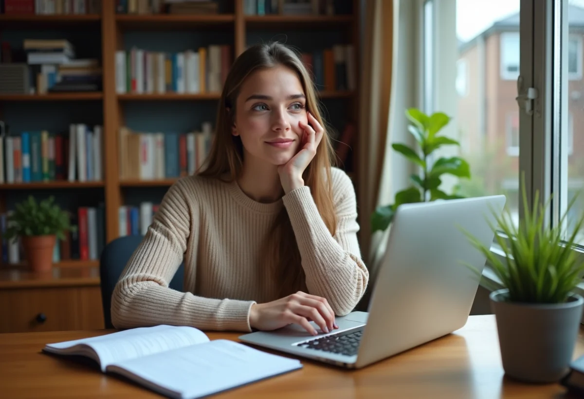 Jeune femme pensant à un prêt étudiant dans son appartement