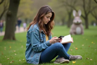 Jeune femme en denim lors d'une quête dans un parc