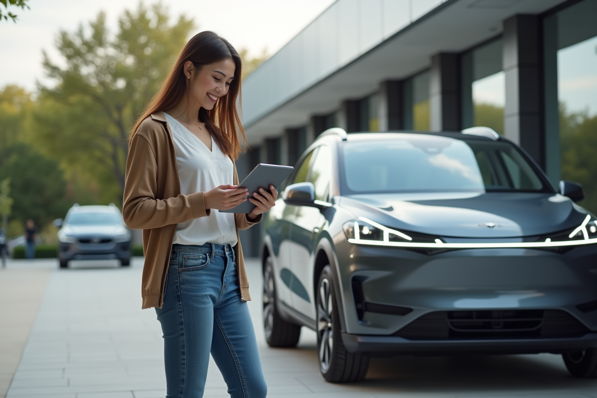 Jeune femme souriante avec SUV autonome électrique