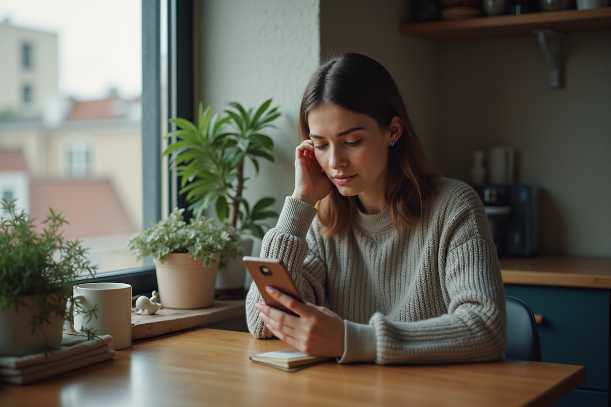 Jeune femme absorbée par son smartphone dans une cuisine urbaine