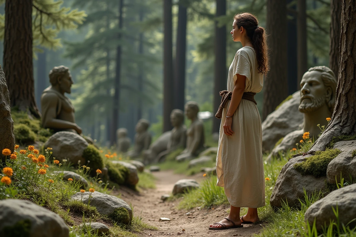 Jeune femme grecque explorant une for&ecirc;t myst&eacute;rieuse