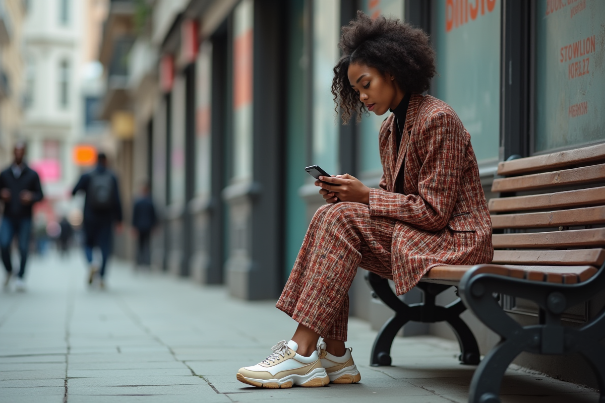 Jeune femme en blazer large et sneakers dans la ville
