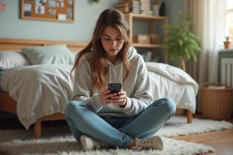 Jeune fille assise sur le sol de sa chambre en train de regarder son smartphone