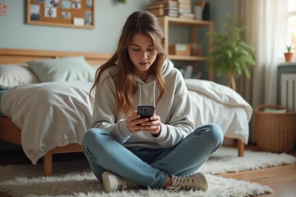 Jeune fille assise sur le sol de sa chambre en train de regarder son smartphone