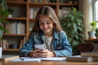 Jeune fille de 14 ans utilisant son t&eacute;l&eacute;phone dans un bureau chaleureux