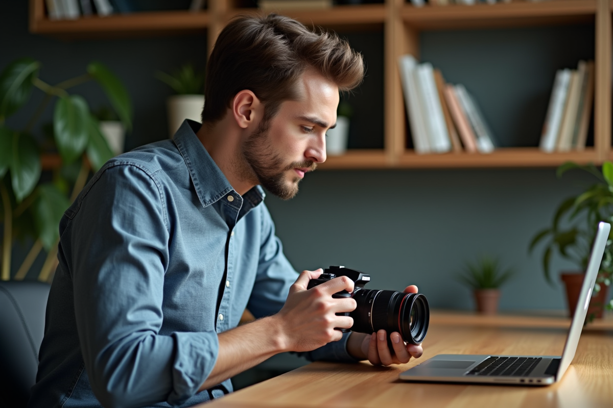 Jeune homme comparant les réglages d'un appareil photo en intérieur