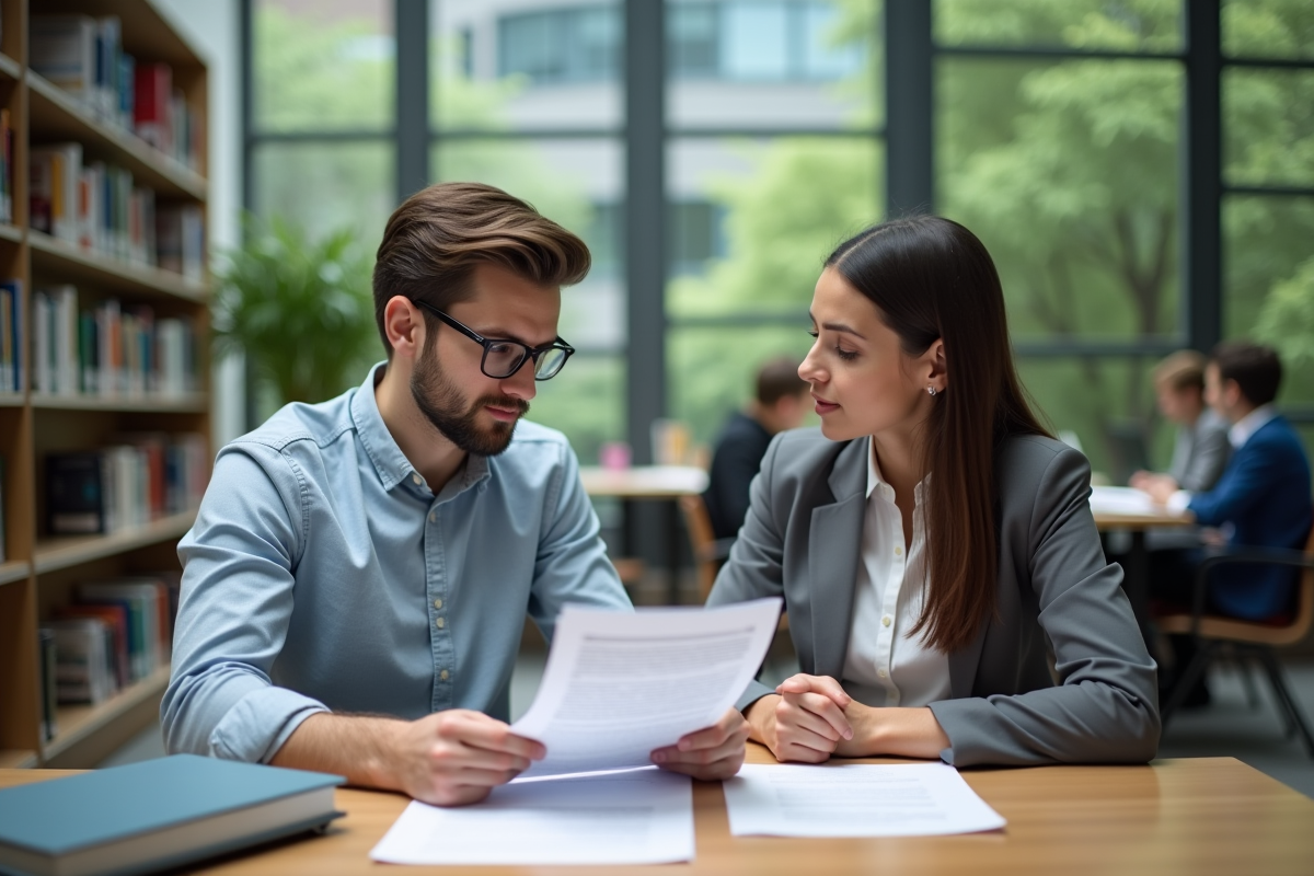 Jeune homme discutant de prêt étudiant avec une professionnelle