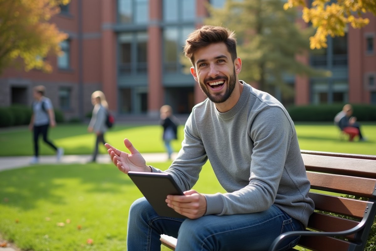 Jeune homme étudiant expliquant une idée en extérieur