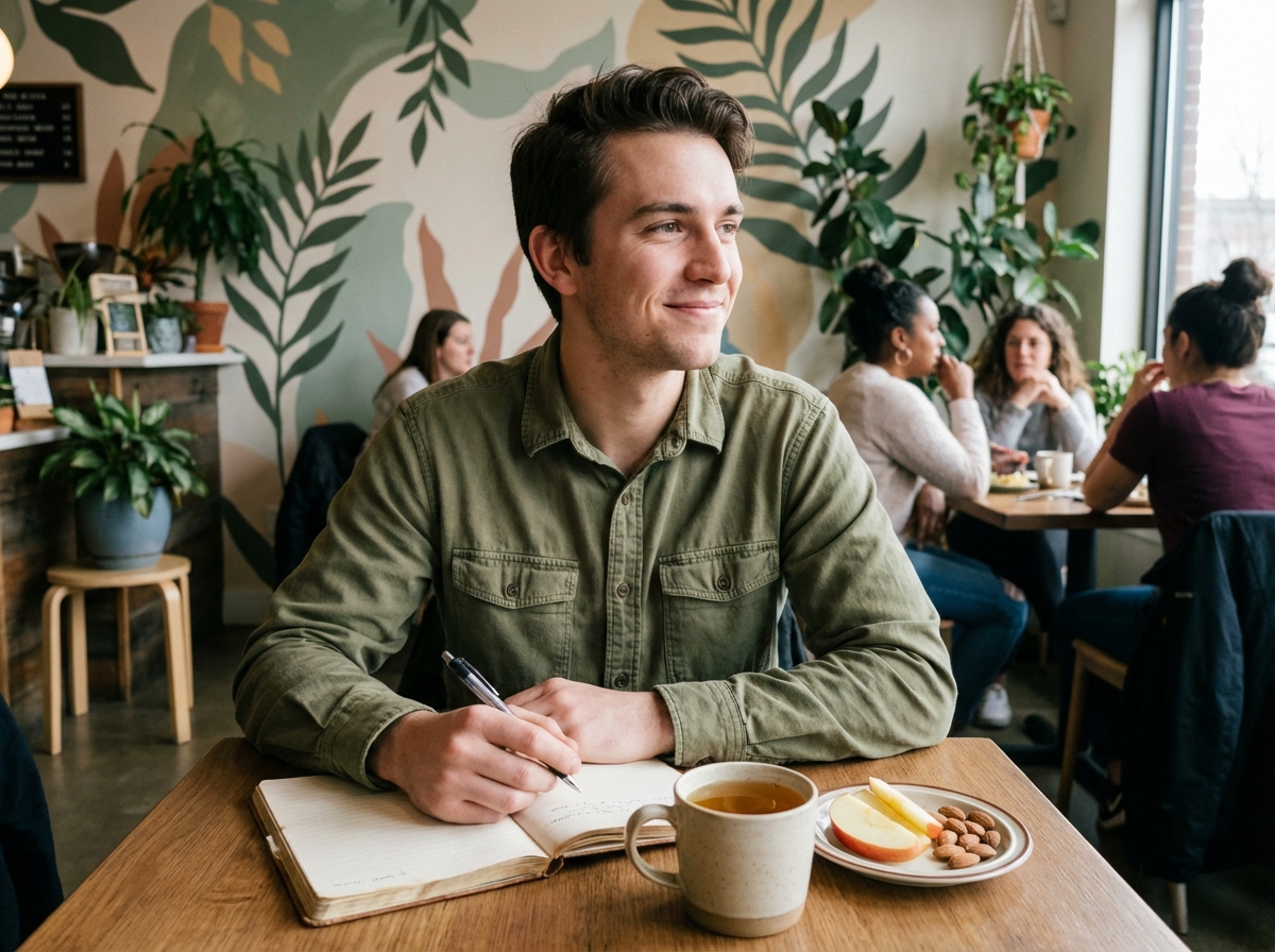 Jeune homme écrivant dans un journal au café avec thé et snack