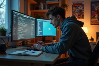 Jeune homme pensif sur son ordinateur dans une chambre rétro