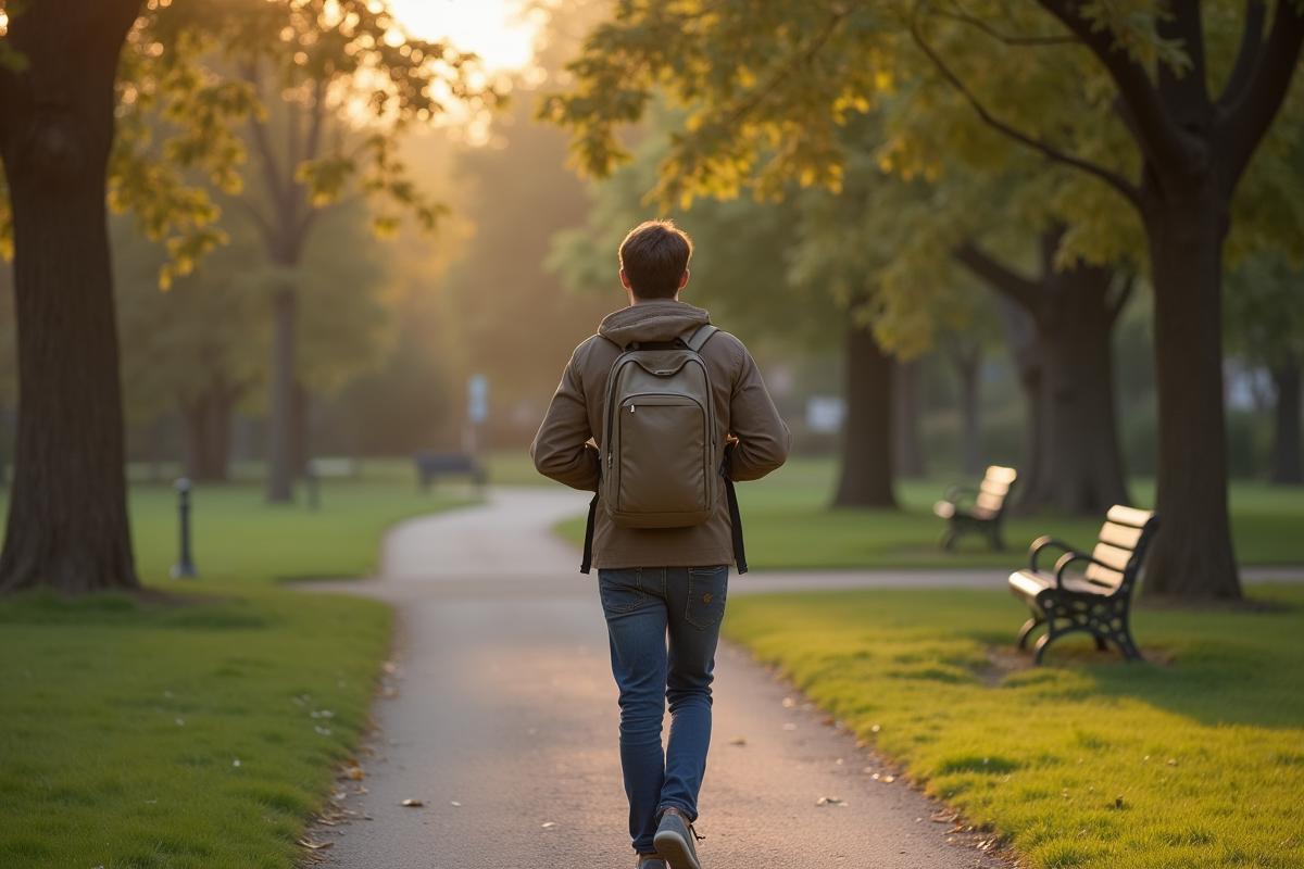 Jeune homme marche dans un parc en fin d