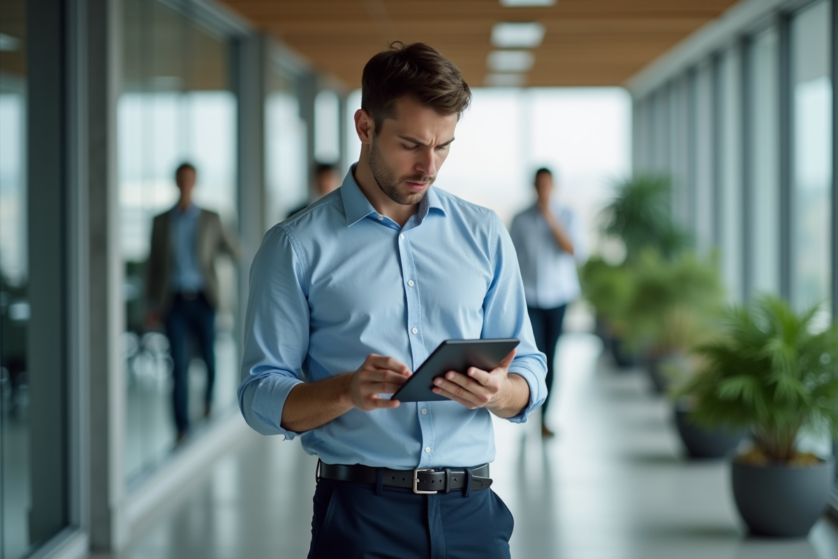 Jeune homme vérifiant ses notes dans un couloir d office
