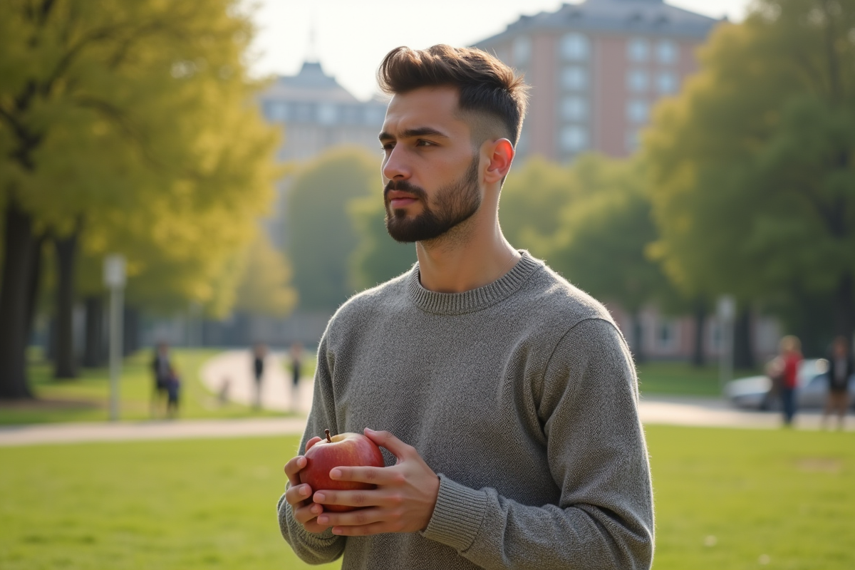 Jeune homme dans un parc urbain tenant une pomme