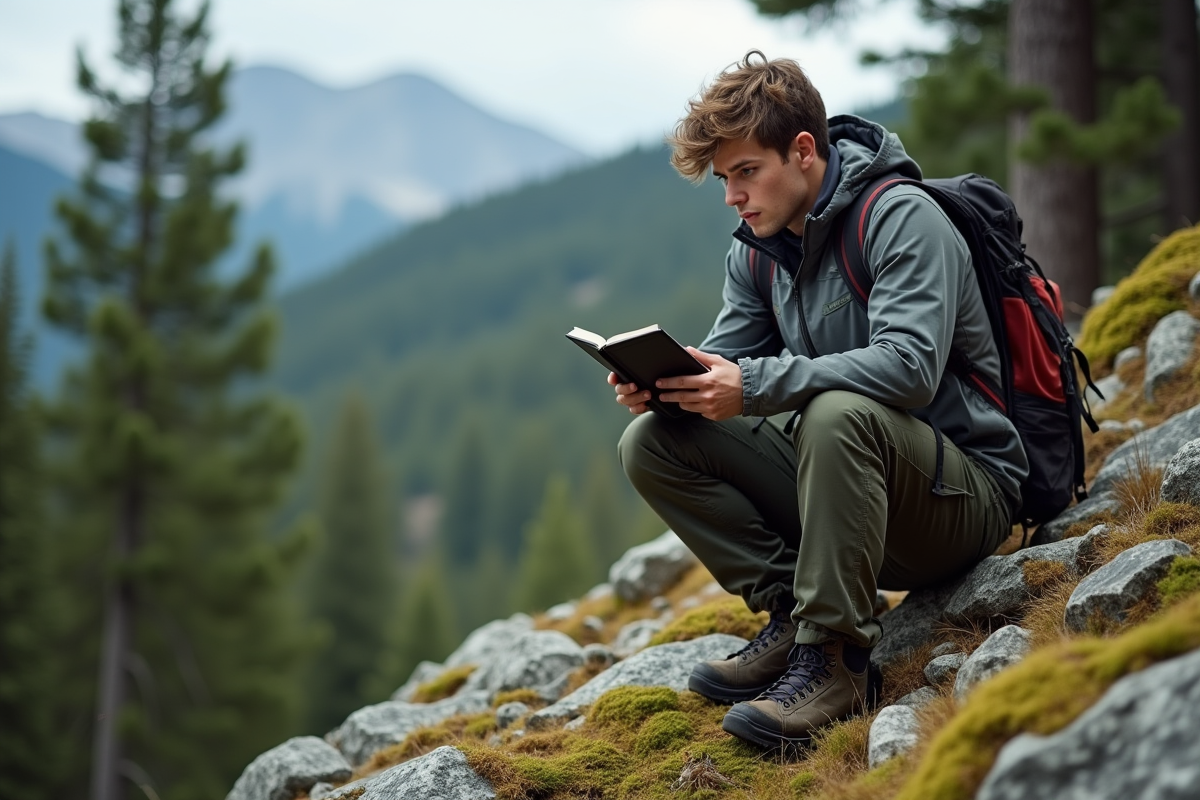 Jeune homme en randonnée dans la nature avec carnet