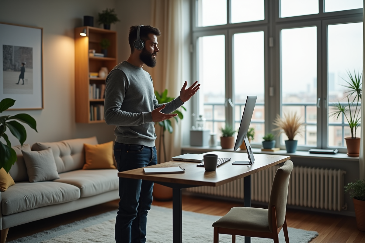 Jeune homme en visioconference dans un bureau à domicile lumineux