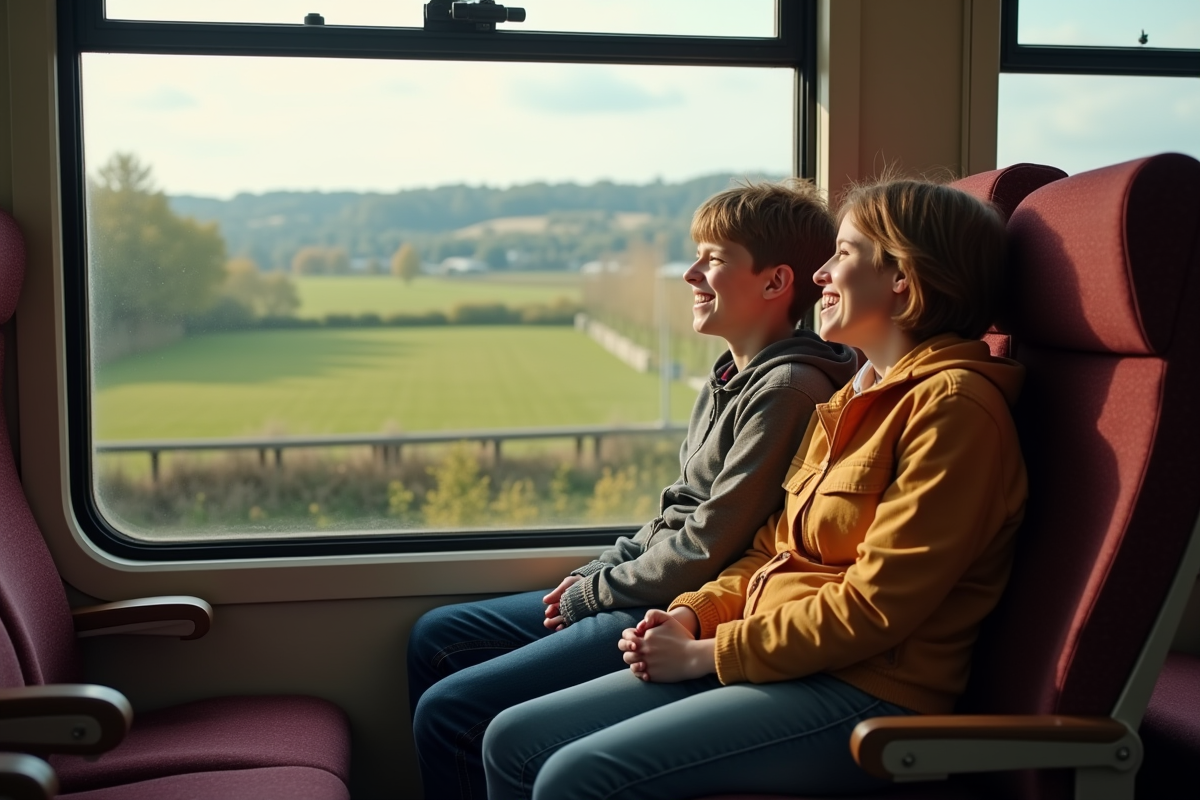 Adolescent et sa mère dans un train regardant le paysage