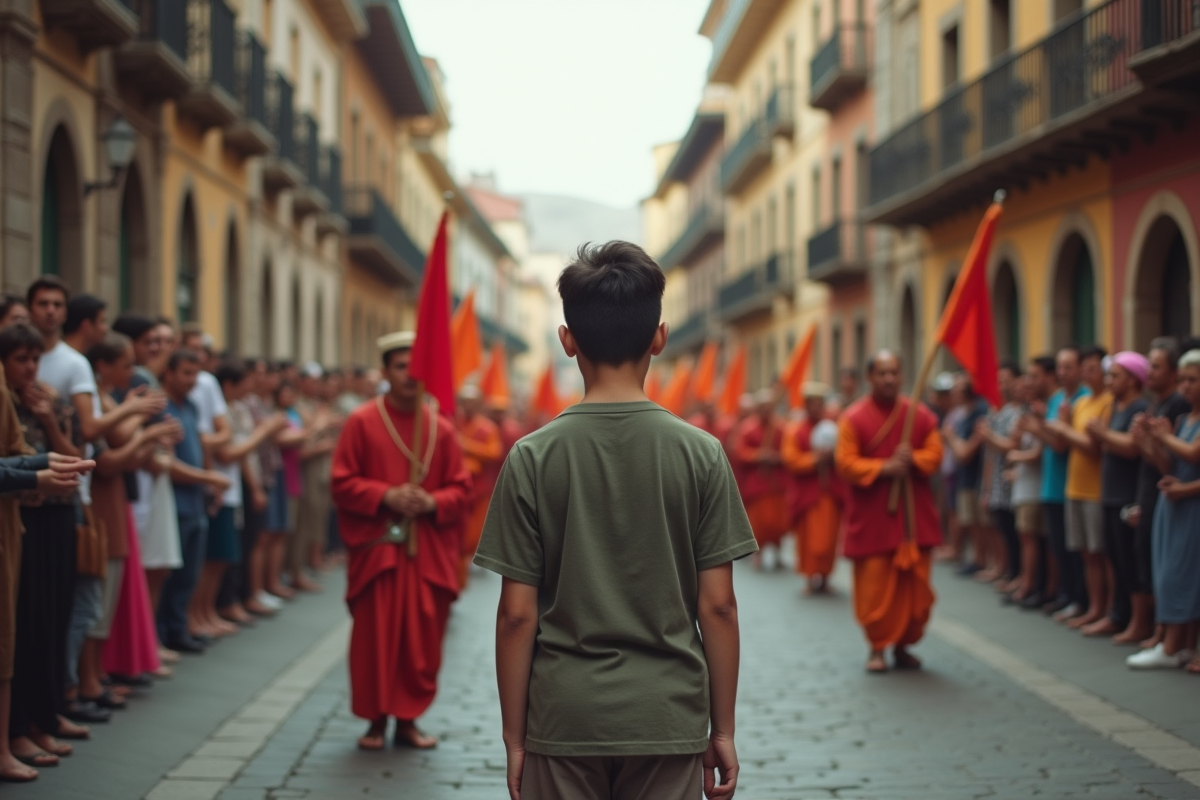 Adolescent regardant une procession traditionnelle en ville