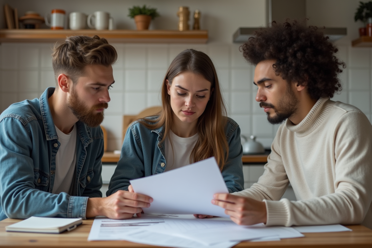 Trois jeunes adultes discutent d'un contrat de location dans une cuisine moderne