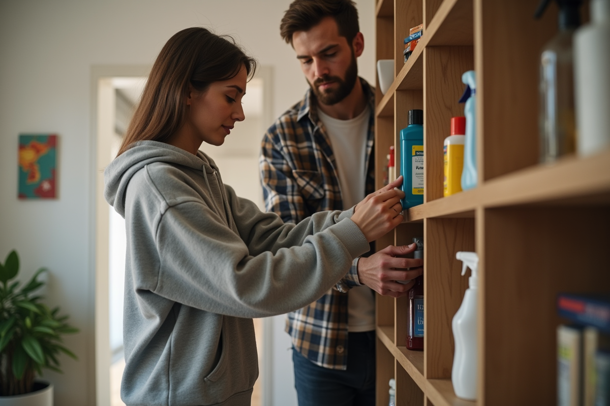 Jeune femme et homme organisent des fournitures dans un salon partagé