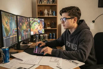 Joueur de Dofus 3 analysant des mécaniques cachées de crise sanitaire sur double écran avec notes manuscrites