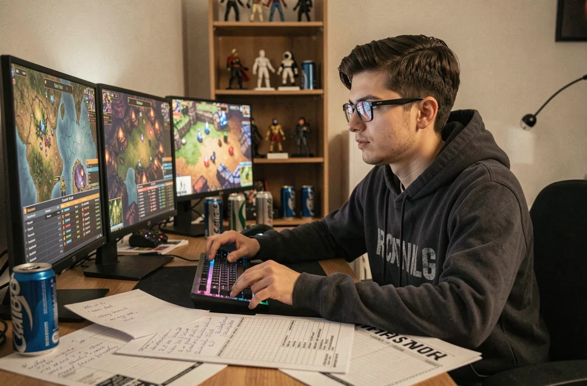 Joueur de Dofus 3 analysant des mécaniques cachées de crise sanitaire sur double écran avec notes manuscrites