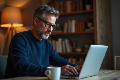 Homme concentré jouant à Sutom sur un ordinateur portable dans un bureau à domicile entouré de dictionnaires