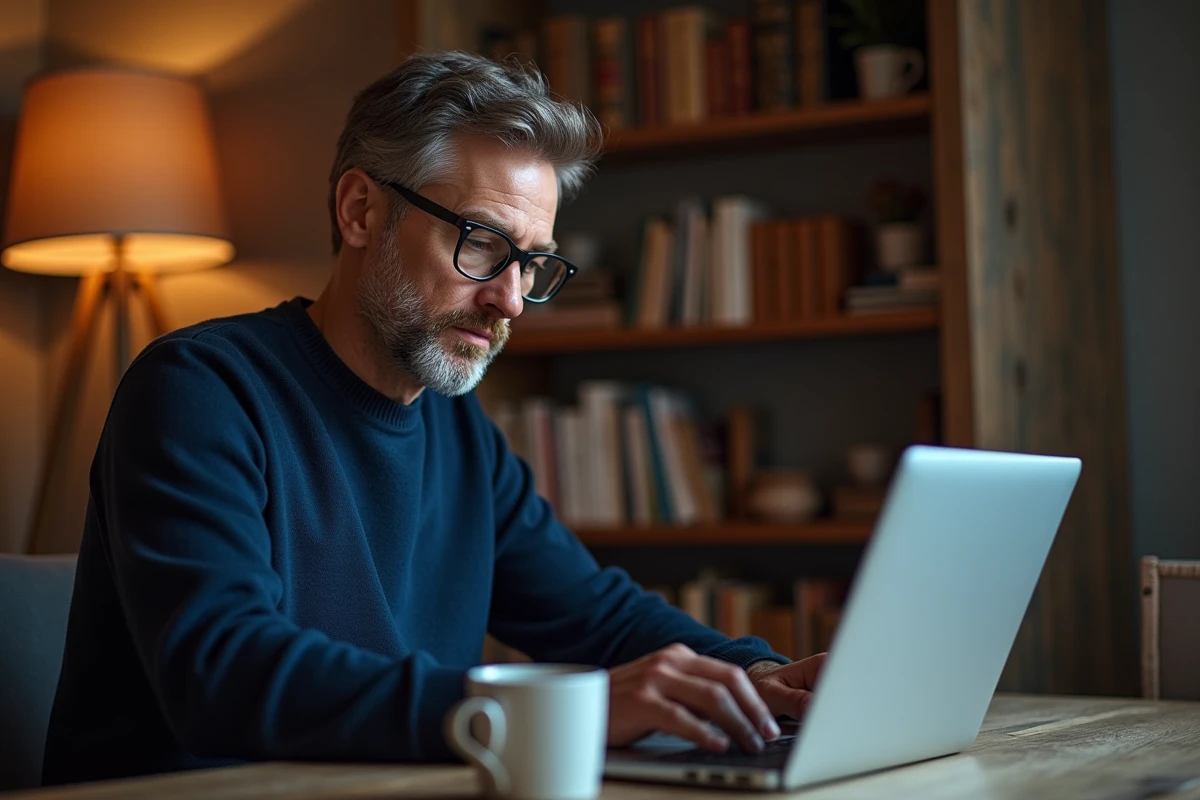 Homme concentré jouant à Sutom sur un ordinateur portable dans un bureau à domicile entouré de dictionnaires