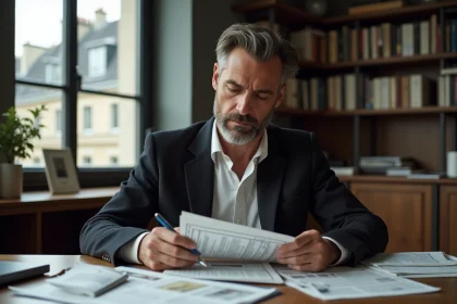 Homme fran&ccedil;ais en blazer lisant un article dans un bureau