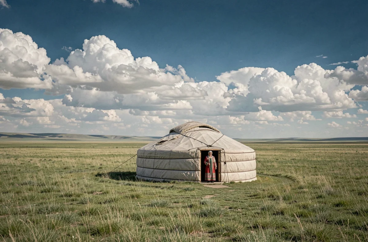 Yourte traditionnelle kazakhe isolée sur la steppe immense du Kazakhstan avec une femme en tenue brodée à l'entrée, illustrant le géant méconnu d'Asie centrale