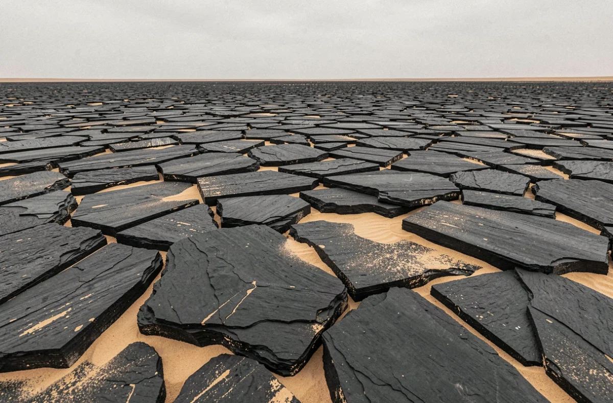 Désert de hammada rocailleux libyen s'étendant à l'infini sous un ciel pâle, illustrant le territoire saharien massif de la Libye