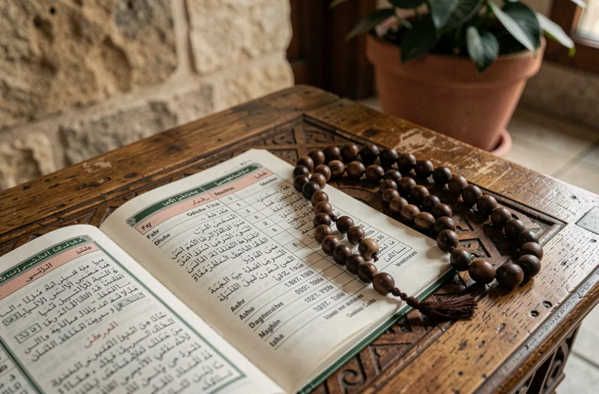 Livret des horaires de prière en arabe et français avec un chapelet islamique en bois sur une table en bois dans une mosquée à Nantes