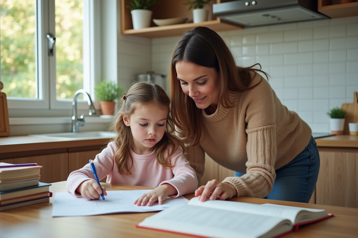 Femme aidant sa fille à faire ses devoirs à la maison