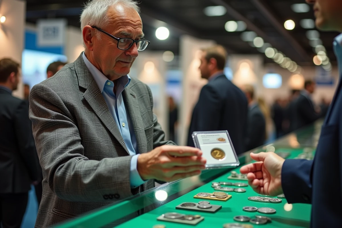 Marchand numismate présentant une pièce de 2 euros rare certifiée lors d'une foire aux monnaies