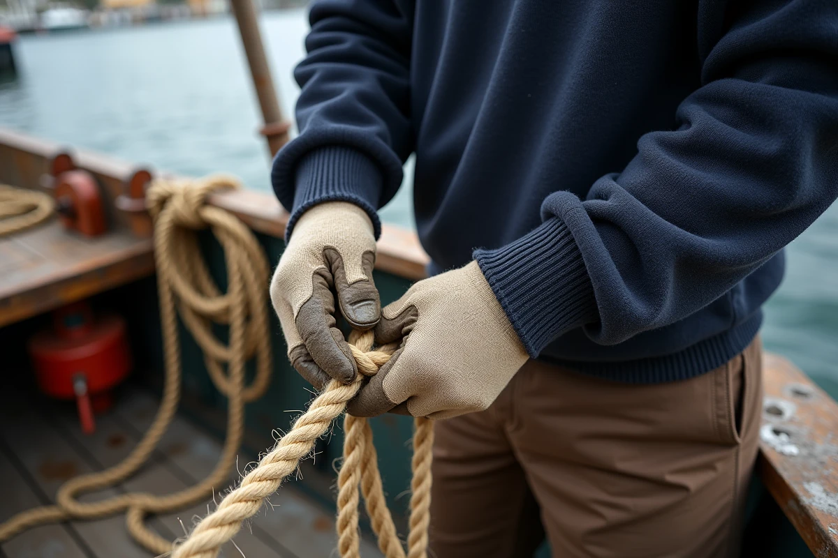 Marin en pull de pêcheur faisant un nœud sur une corde en sisal à bord d'un bateau de pêche traditionnel